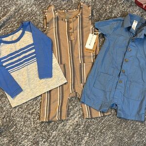 NWT & NWOT lot of 2 boys shortalls and stripe tee size 18mo
